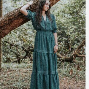 NWT Max Studio Dress Prairie Cottage Core Green Boho Stretch Waist S MSRP $148